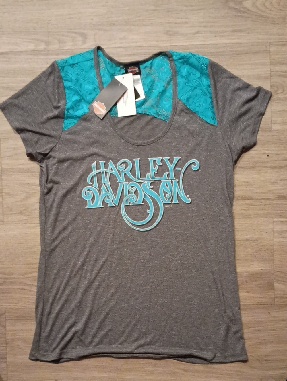 Harley-Davidson Gray Tee with Teal Lace Yoke and Logo